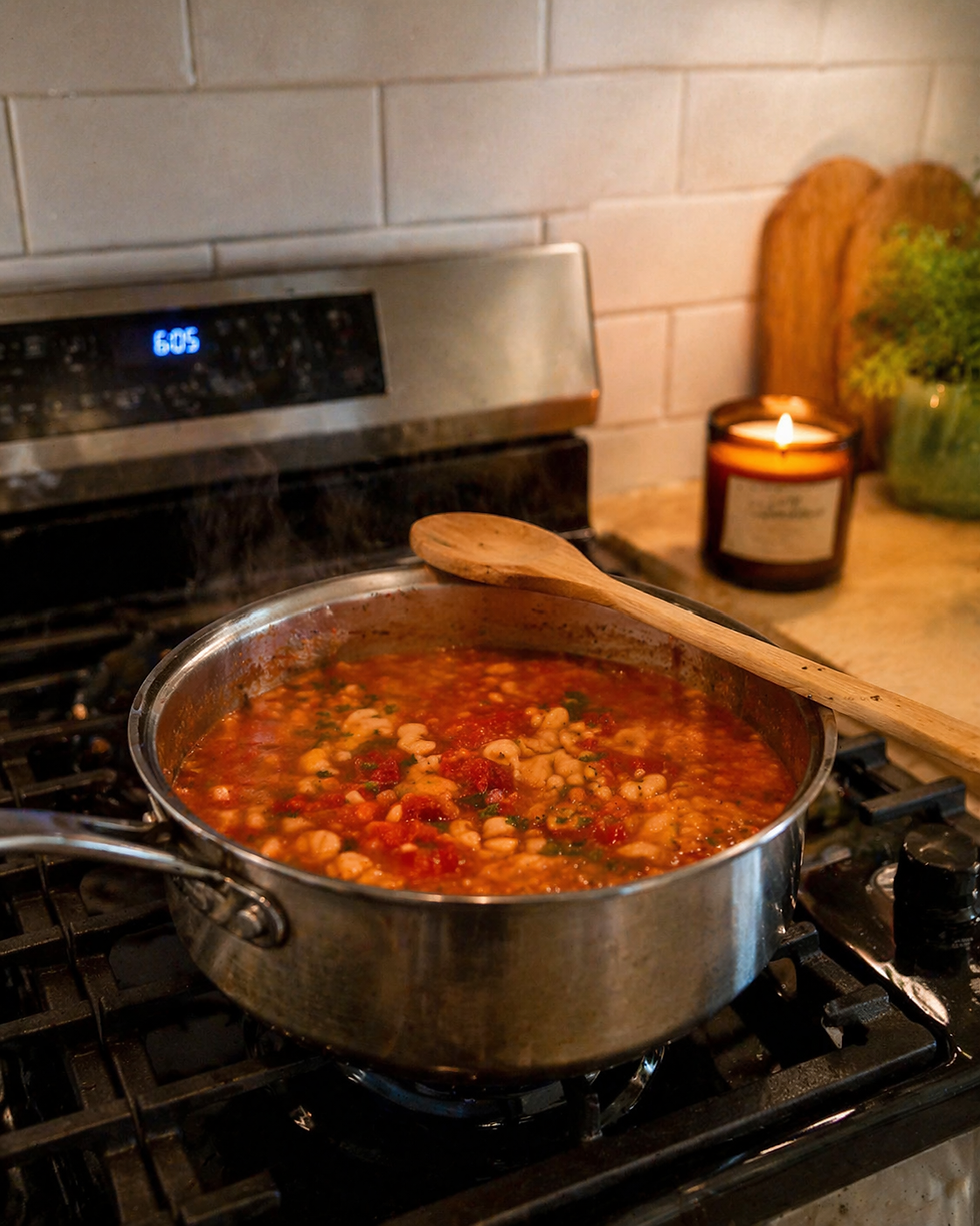 White bean and tomato soup simmering in a saucepan on the stovetop.