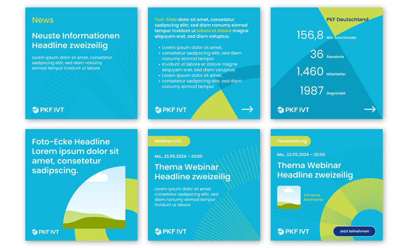 Ausschnitte der Social Media Design Vorlagen in Canva. Türkise Motive mit hell grünen Kreiselementen. Diverse Möglichkeiten um verschiedene Texte in weiß umzusetzen und darzustellen.