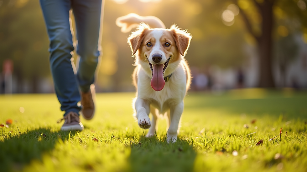 Eye-level view of a happy dog playing with its owner in a sunny park