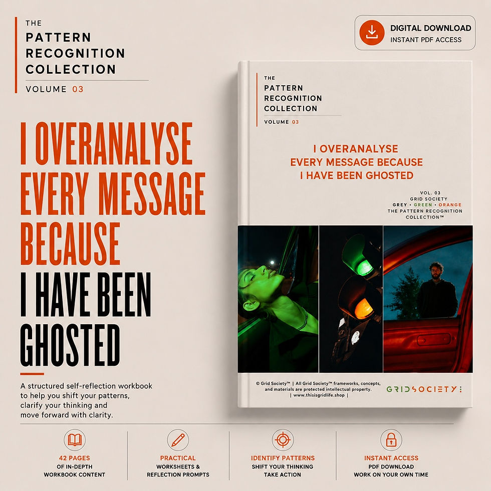 Grid Society's I Overanalyse Every Message Because I Have Been Ghosted downloadable self-reflection workbook from the Pattern Recognition Collection, designed to help recognise dating patterns and recurring overthinking.