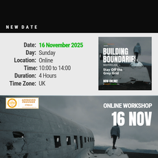 Person standing on top of an abandoned aircraft in a moody landscape with the text “Building Boundaries – Stay Off the Grey Grid.” Promotes a transformational online masterclass focused on vision-aligned boundaries.