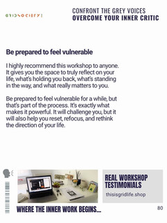 Grid Society workshop testimonial slide showing participant feedback on inner critic and structured thinking