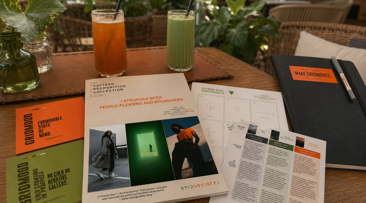 People-pleasing and boundaries workbook with reflection worksheets, green juice and café drinks during an inner work session in Lagos.