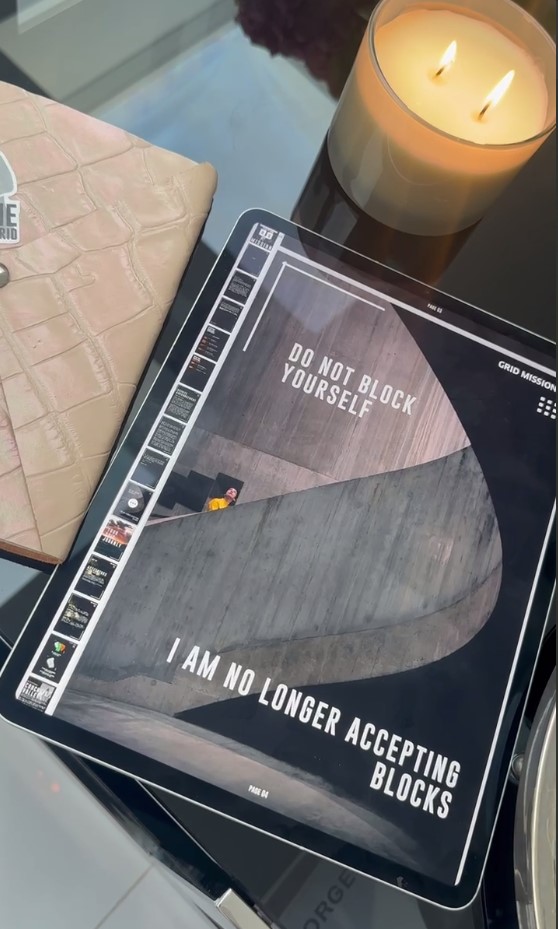 Grid Society workbook page on tablet showing negative voices and inner critic reflection inside the Grid framework.