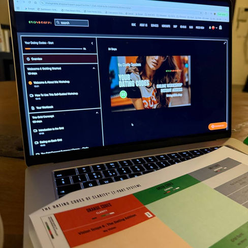 Laptop displaying a structured Grid Society workshop interface alongside printed worksheets, representing practical tools for analysing dating patterns and building clarity