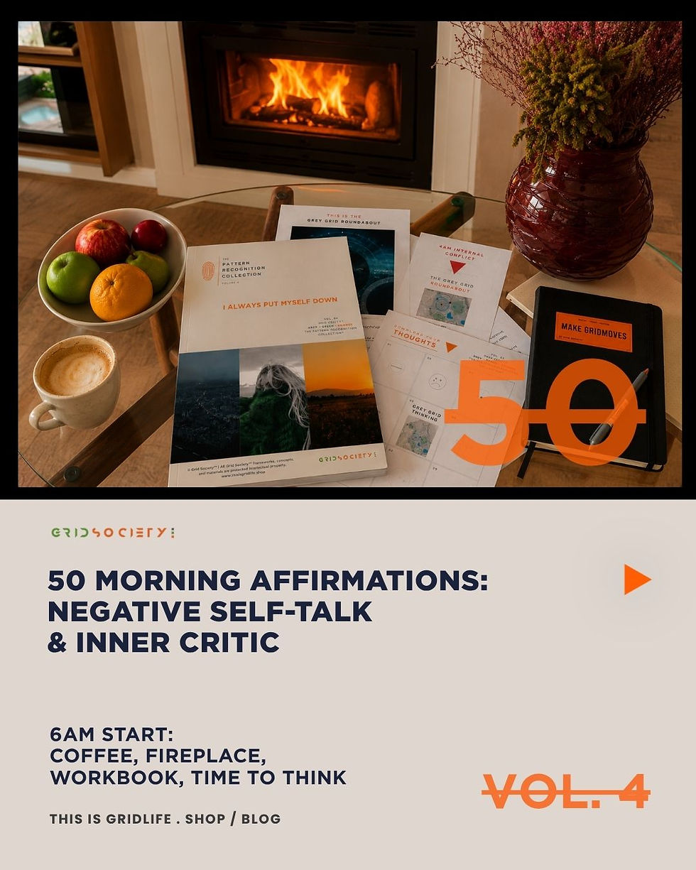 Negative self-talk and inner critic workbook displayed with morning reflection materials beside a fireplace, promoting 50 morning affirmations.