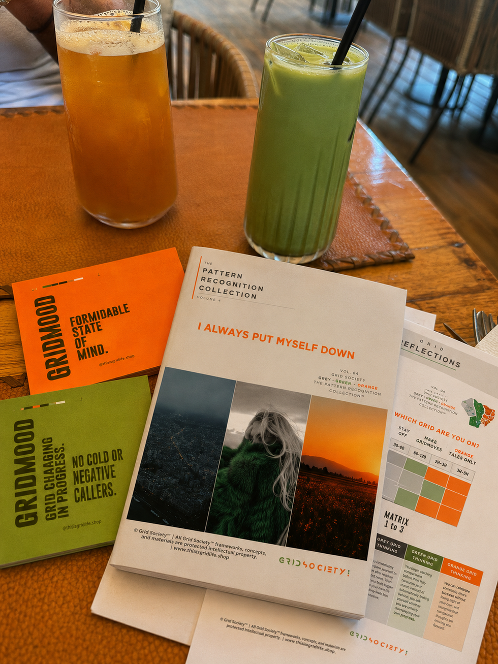 Pattern Recognition Workbook with Grid Reflections beside coffee and matcha, showing a 3–5 minute self-reflection routine to track comparison patterns and progress.