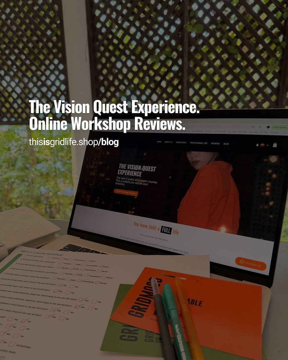 VisionQuest Online Workshop reviews page showing the Vision Quest website and workbook used for structured reflection and clarity.