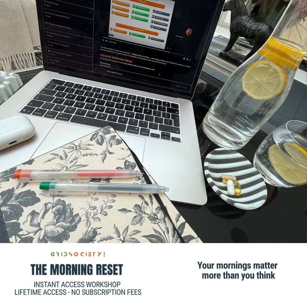 morning reset workshop open on laptop with notebook and pens, structured routine for overthinking minds