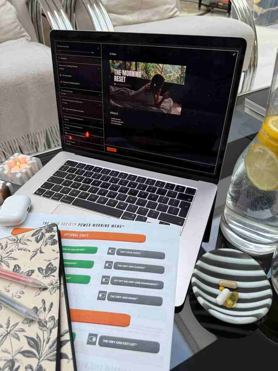 Grid Society Morning Reset on laptop with worksheet and journal showing structured method to organise thoughts and stop overthinking in the morning