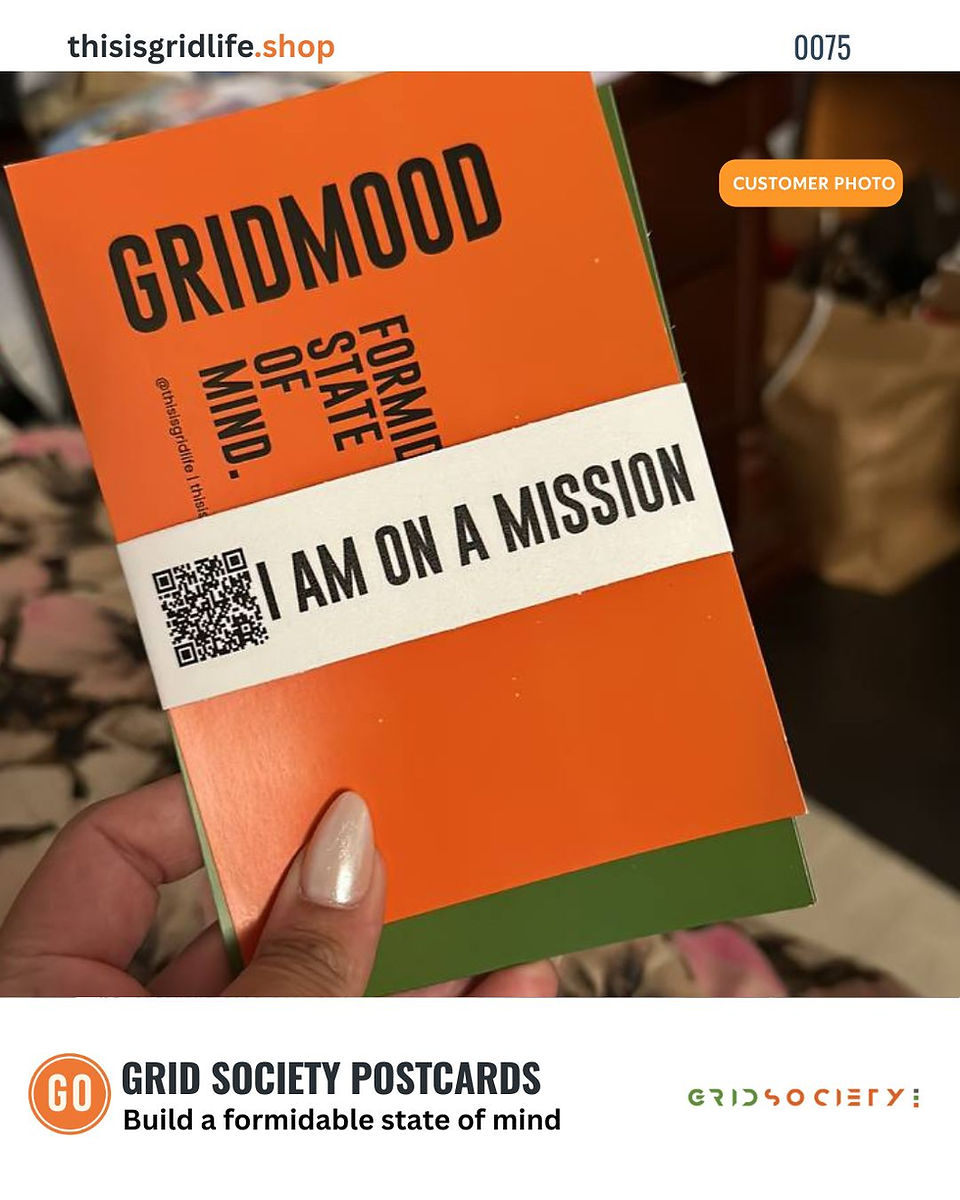 Grid Society postcards and 30-Day Grid Missions displayed on a table. Highlights daily actions and mindset practices that teach how to start doing inner work consistently.