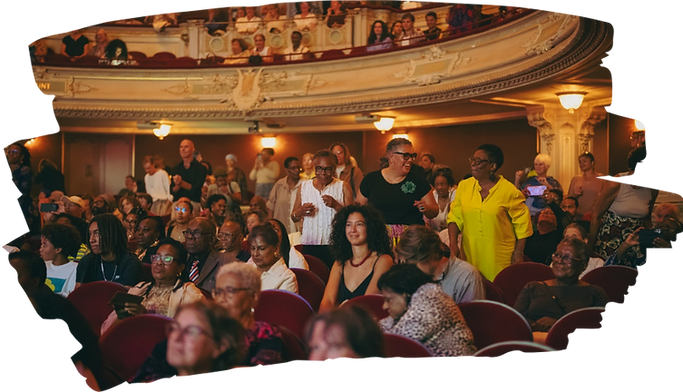 Publiek in een klassiek theater tijdens een evenement.