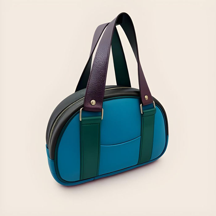 Blauwe halfronde bowlingtas met groene en paarse details