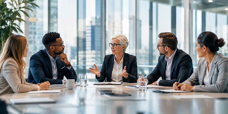 Diverse corporate leadership team in a boardroom meeting.