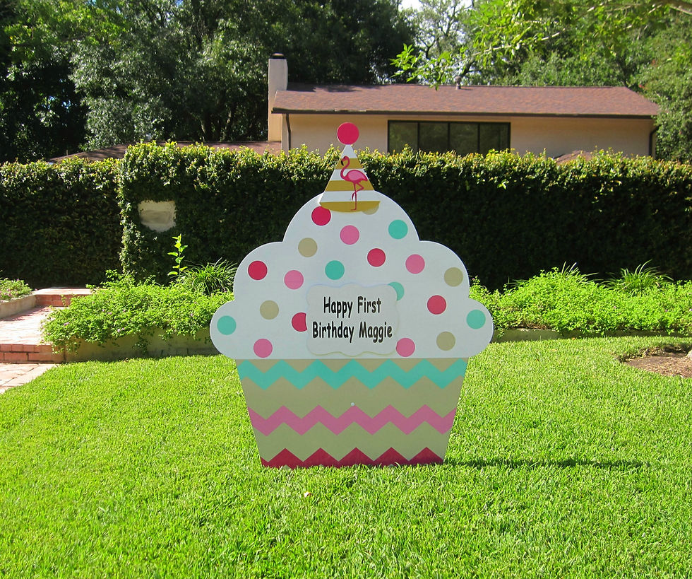 cupcake sign, yard, birthday