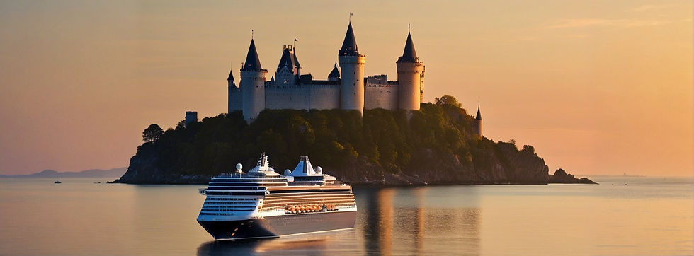 Time of day is night. A castle on the left sitting on the shore with a cruise ship on the 