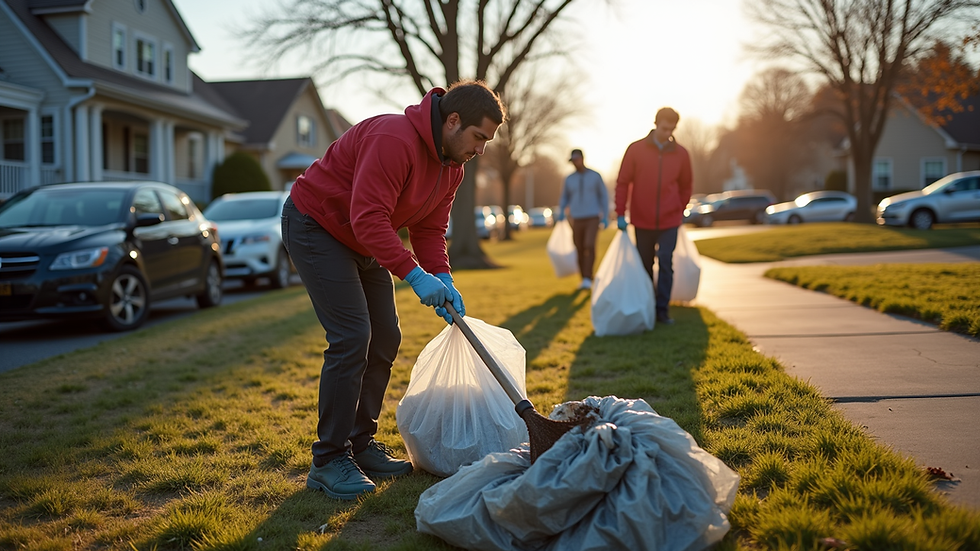 Wide angle view of a community cleanup event with volunteers picking up trash