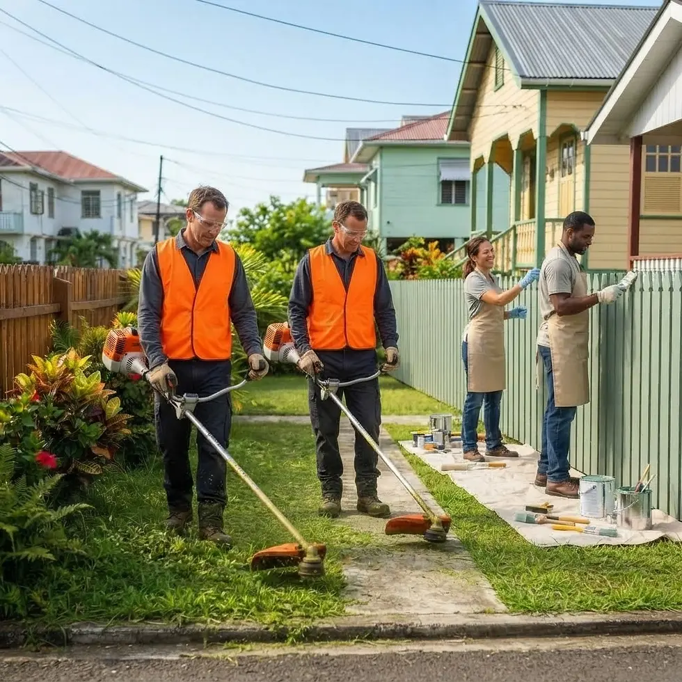 Commercial photography of a team of groundskeepers and painters working on a residential property. Two workers use string trimmers on the lawn while two others paint a fence in a bright, community-focused setting.