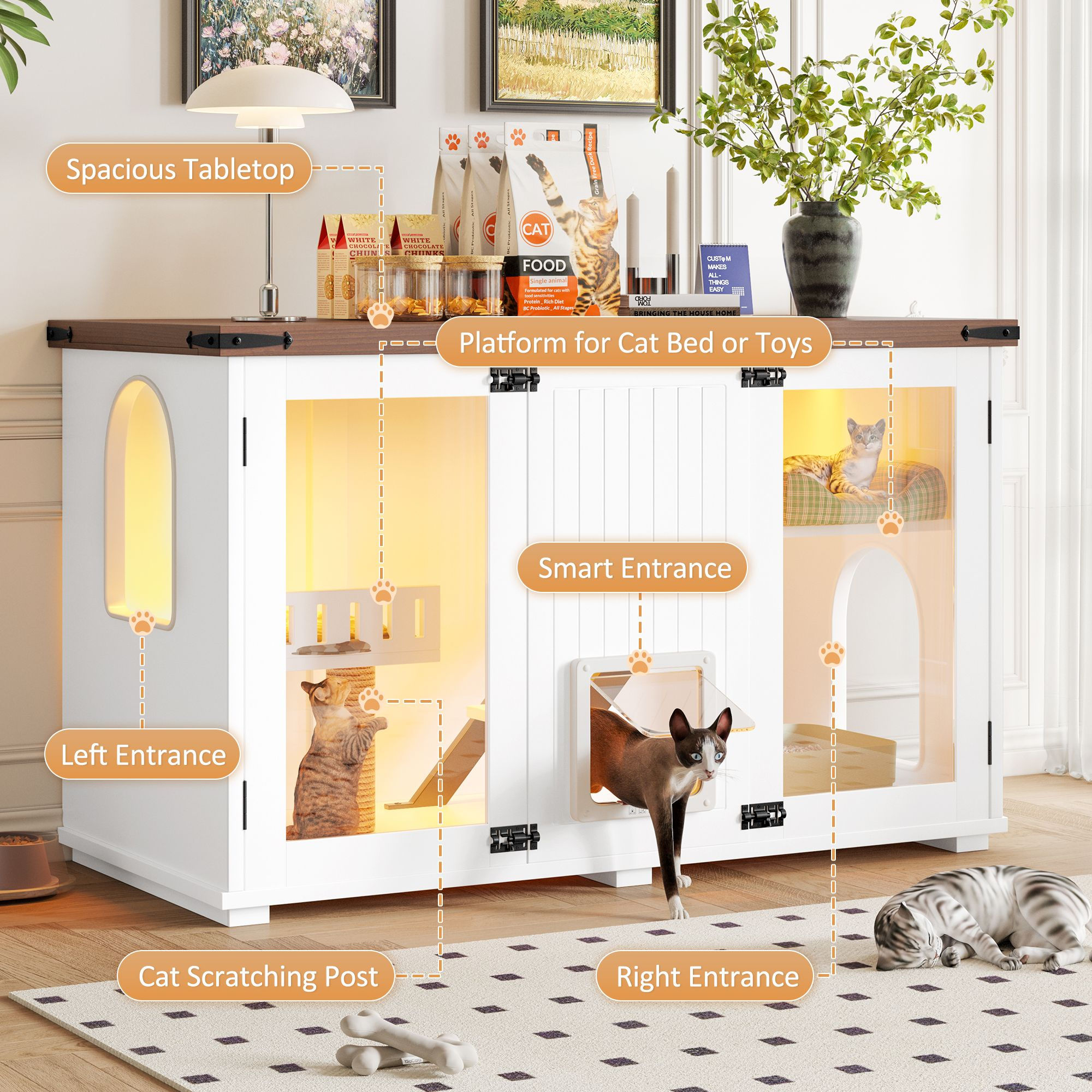 47.25" Large Cat Litter Box Enclosure with LED Light, Hidden Litter Box 