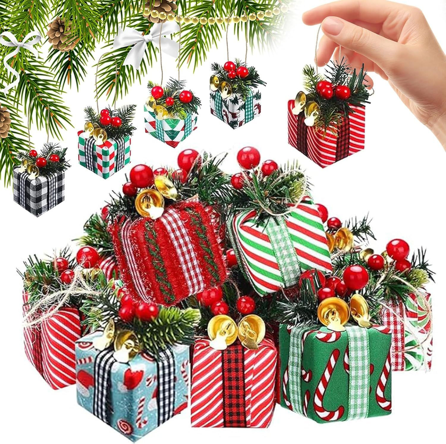 Festive Christmas Tree Hanging Gift Boxes with Bells - 15 Pcs Set