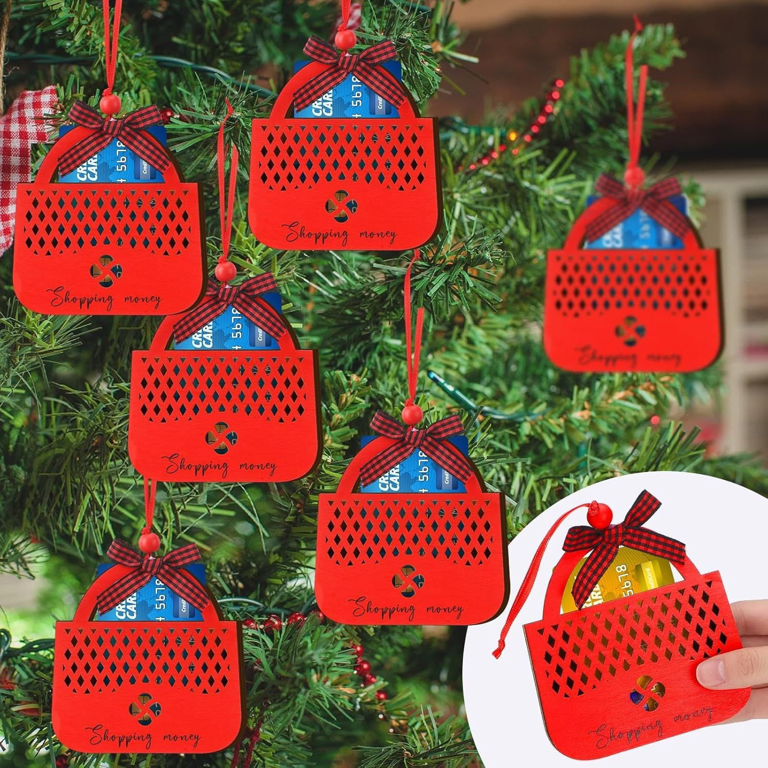 6 Christmas Red Wooden Gift Card Holders for Holiday Shopping Decoration