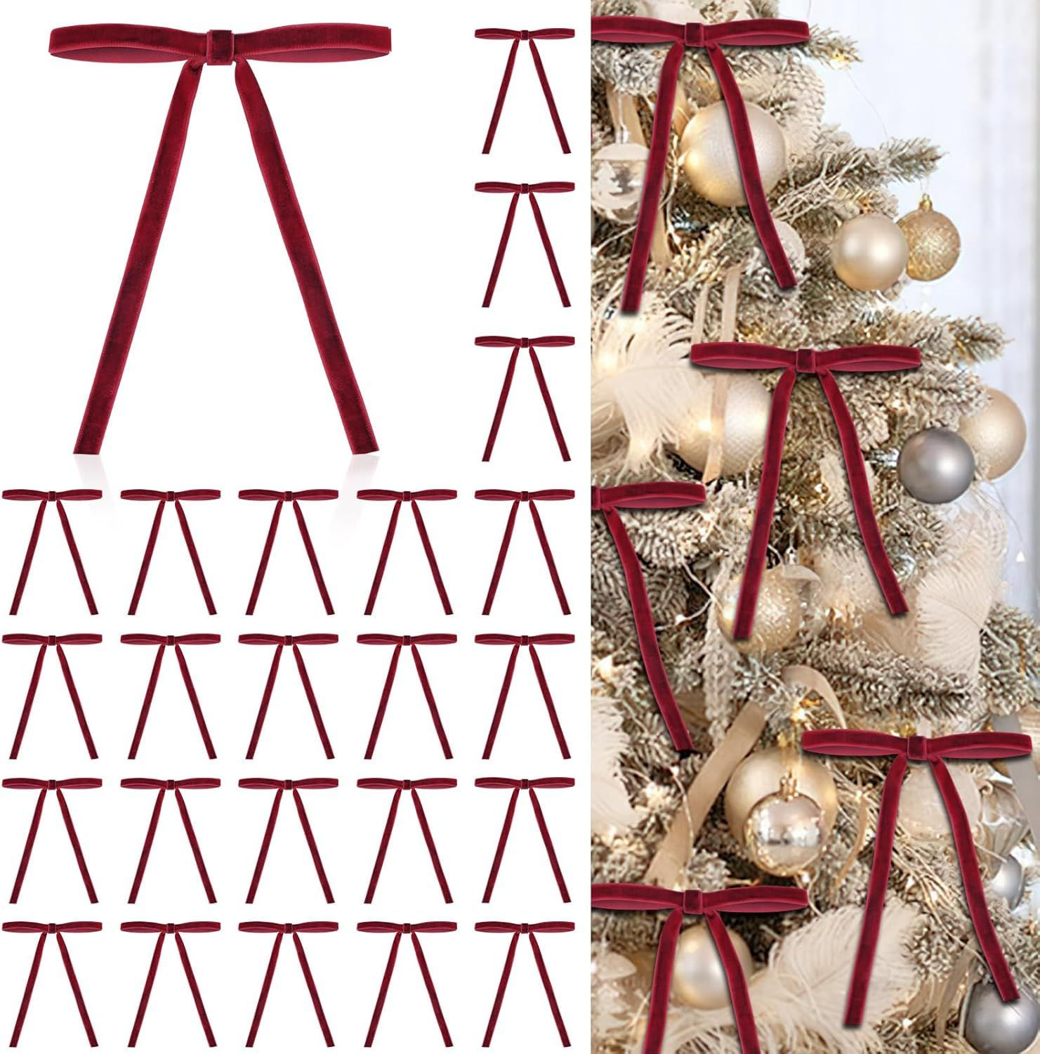 24 Pcs Red Velvet Christmas Ornaments, Rustic Velvet Bows for Christmas Tree,