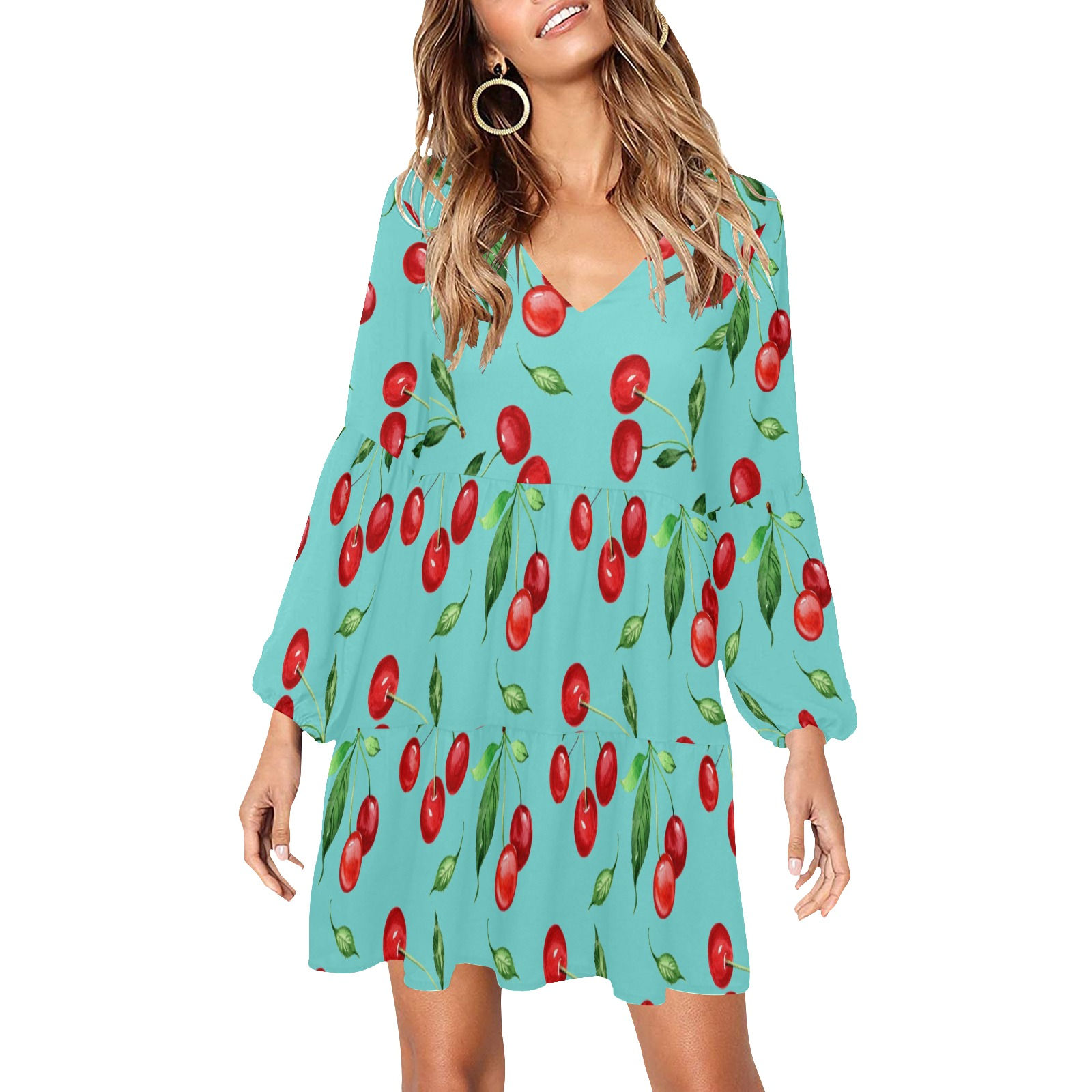 cherry V Neck Casual Loose Flowy Dress(ModelD62)