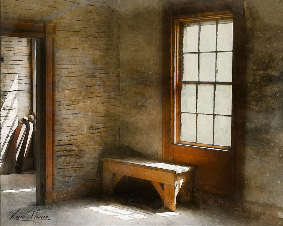 Lone bench with sunlight watercolor