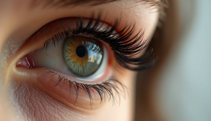 Close-up view of a single eye with long, curled eyelash extensions