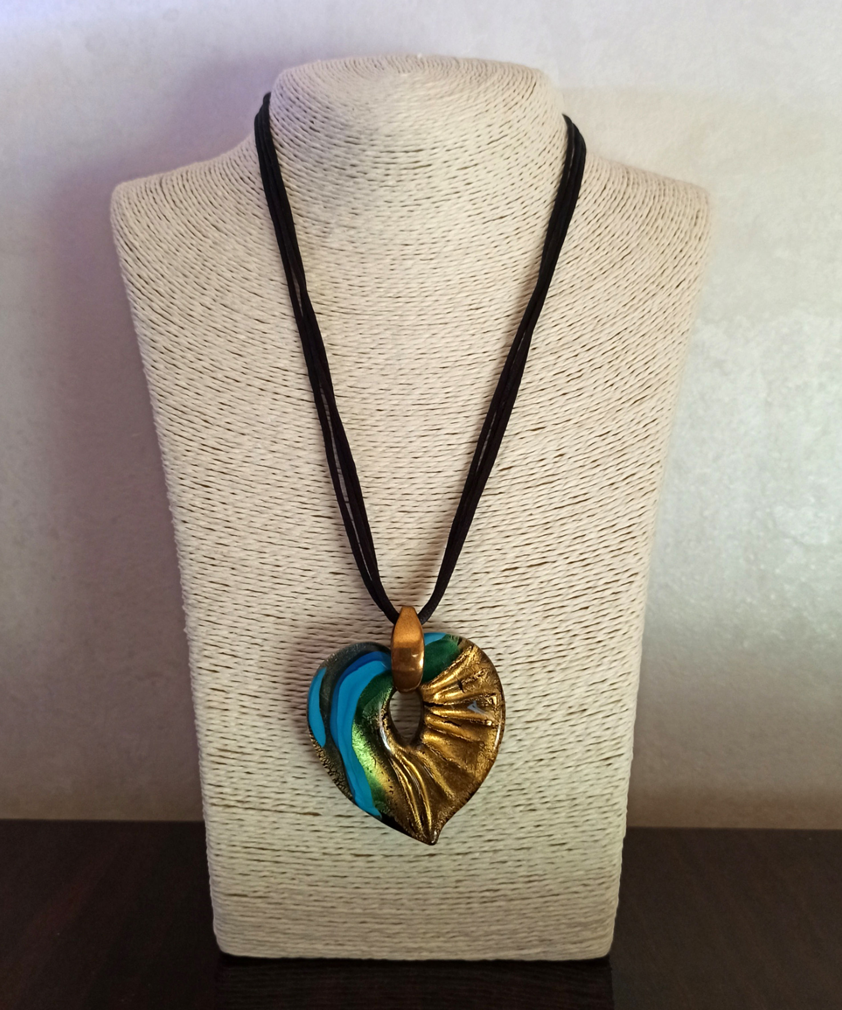 Murano glass Heart pendant in amazing summery colors: turquoise, gold, calcedonia and black