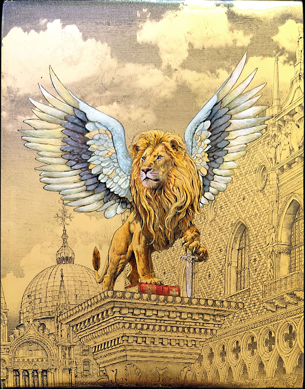 Venetian Pride, represented by the Lion of St. Mark, the immortal symbol of strength and justice, which represented the Republic of Venice in the world for over a millennium.
Painted and meticulously engraved on Murano glass plated with 24K gold leaf.
Glass board 9.5" x 13" (24x31,5 cm.). Sold with handmade wood frame 20"x 23" (52x59 cm.