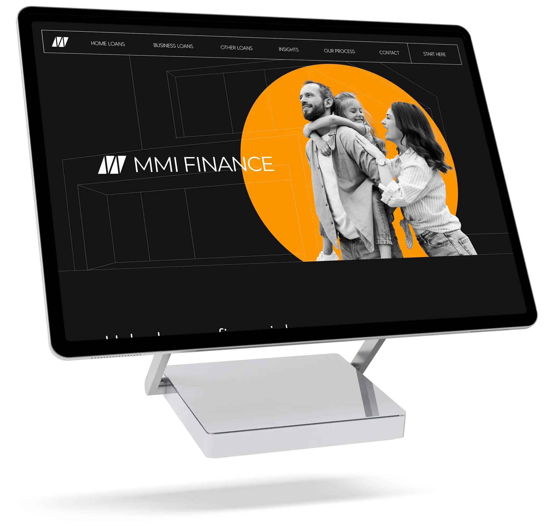 Website design on a floating desktop computer for a finance company