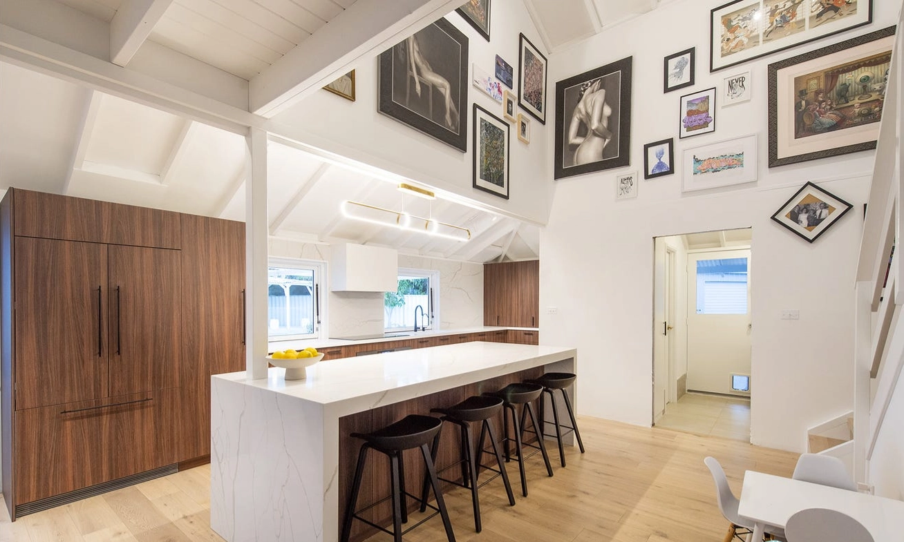 modern kitchen with glass splash back