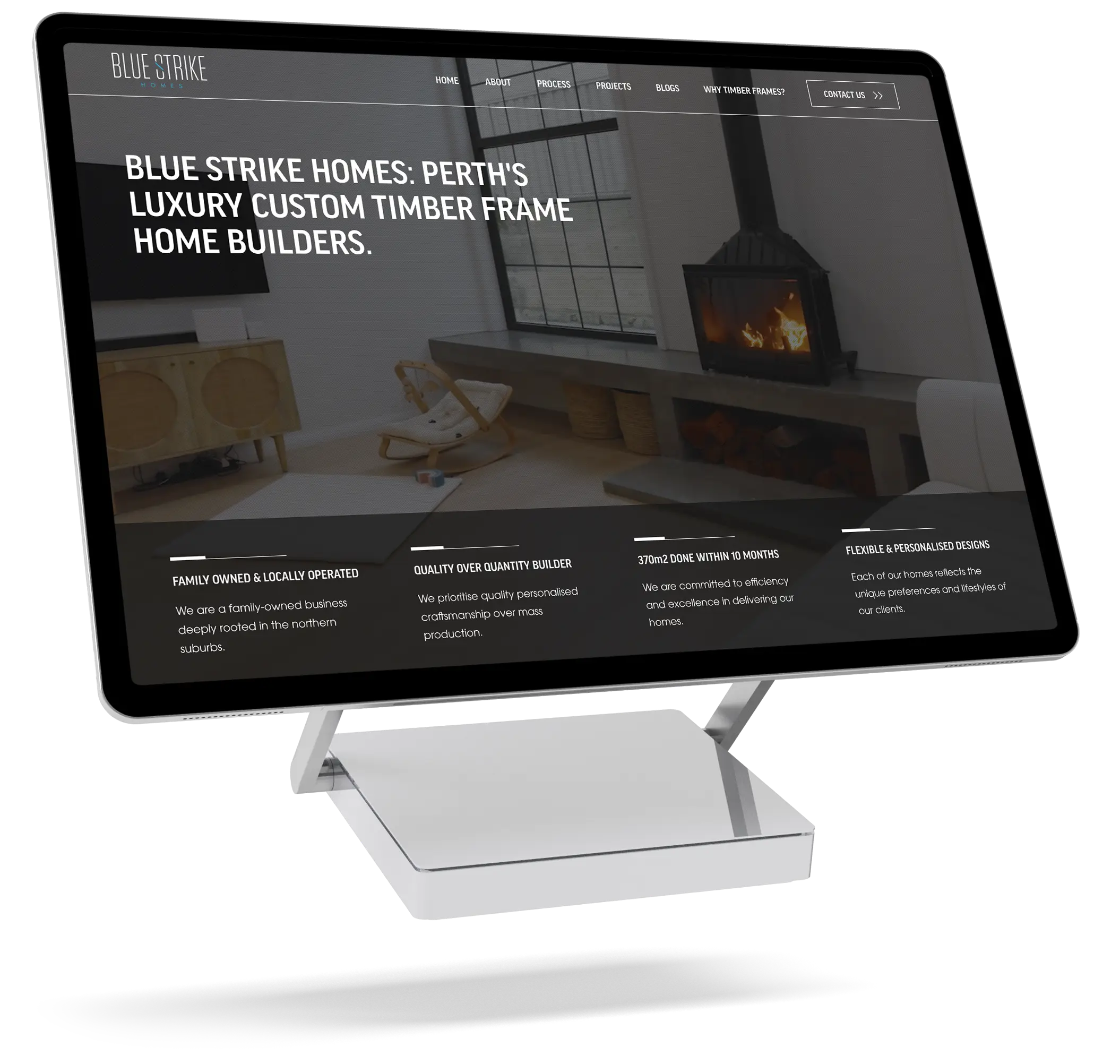 Website design on a floating desktop computer for a luxury home builder