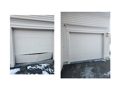 Broken garage door panel replaced with a new matching panel – before and after
