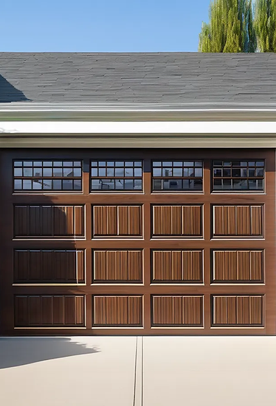 Classic wooden garage door with glass panels and greenery on the sides
