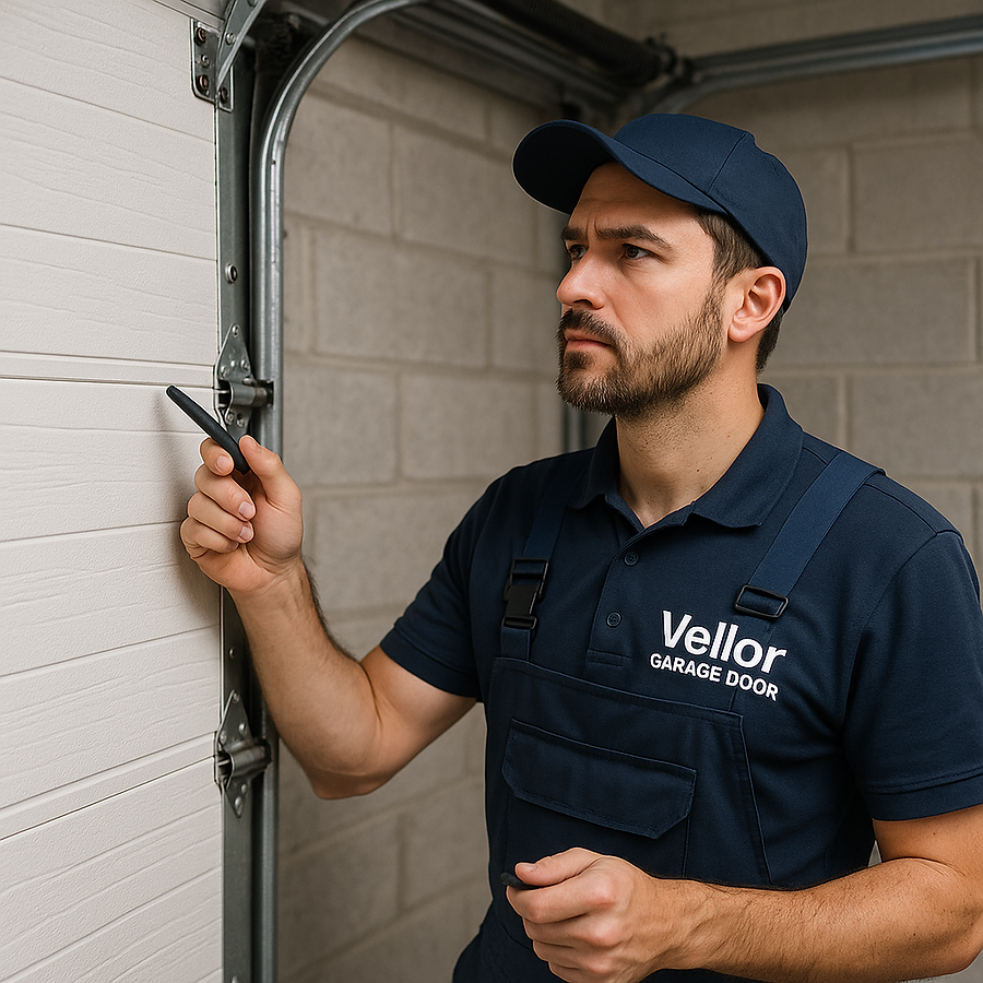 Garage door Technician doing diagnostic to garage door