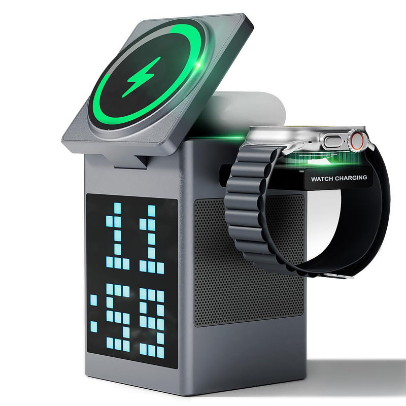 Thumbnail: UYUXIO 3 in 1 Magnetic Wireless Charging Station with Bluetooth Speaker Alarm Cl