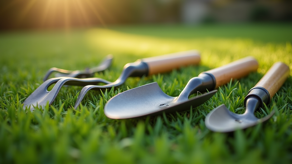 Close-up view of gardening tools laid out on grass
