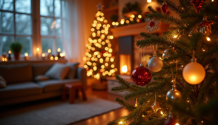 Eye-level view of a cozy living room decorated with warm holiday lights and festive ornaments