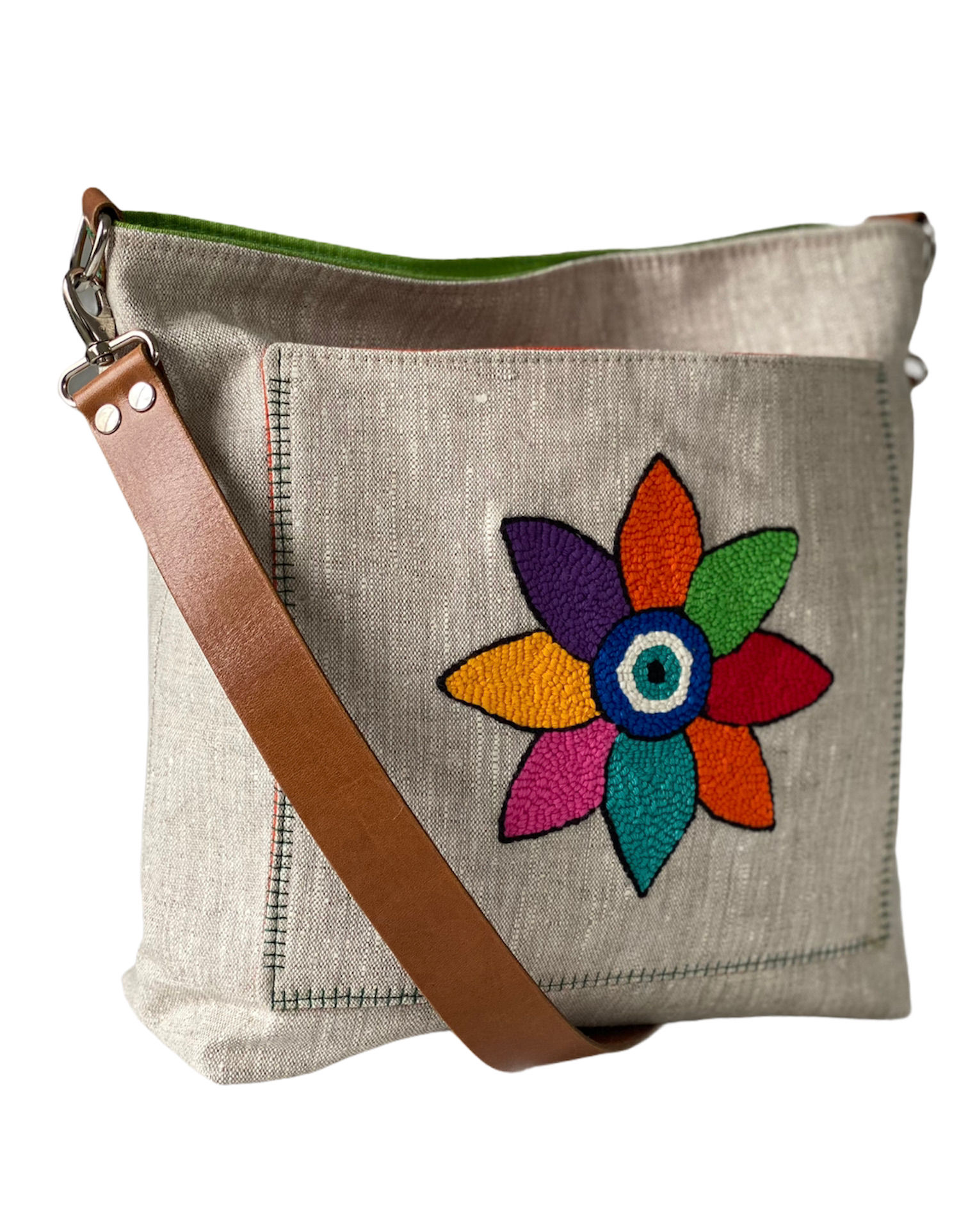 Rengarenk Nakışlı Deri Askılı Keten Çanta