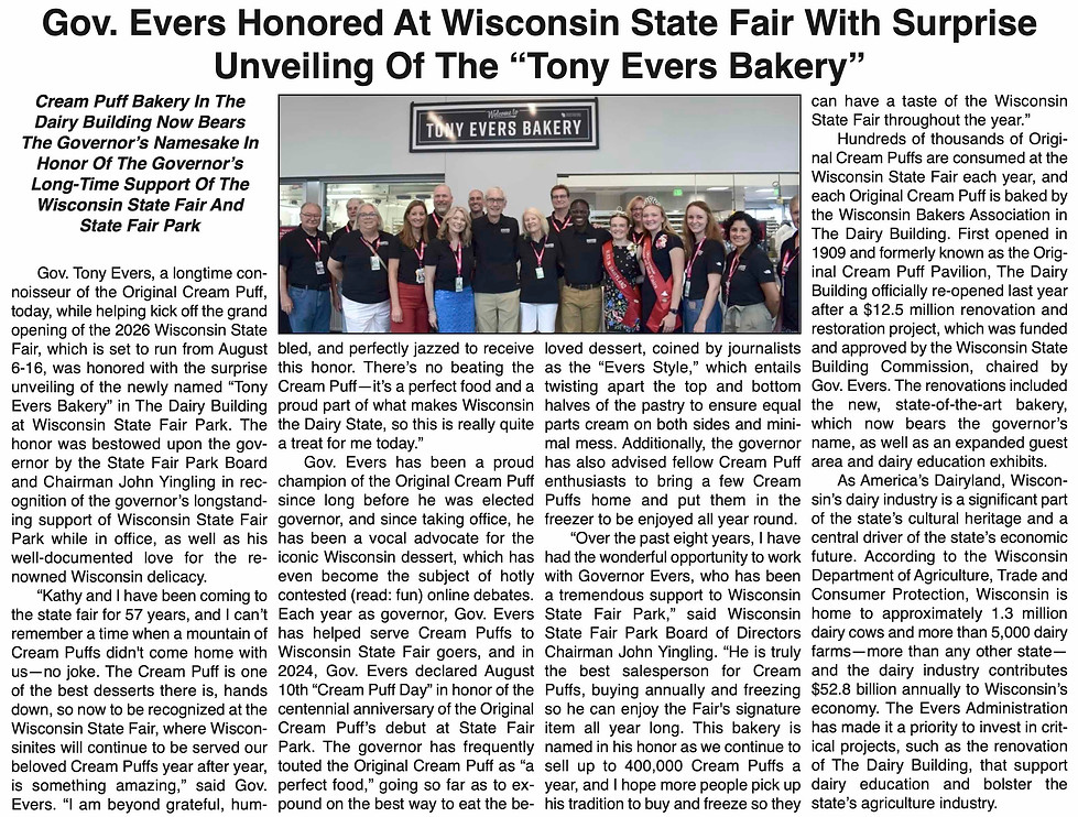 Gov. Evers Honored At Wisconsin State Fair With Surprise Unveiling Of The “Tony Evers Bake
