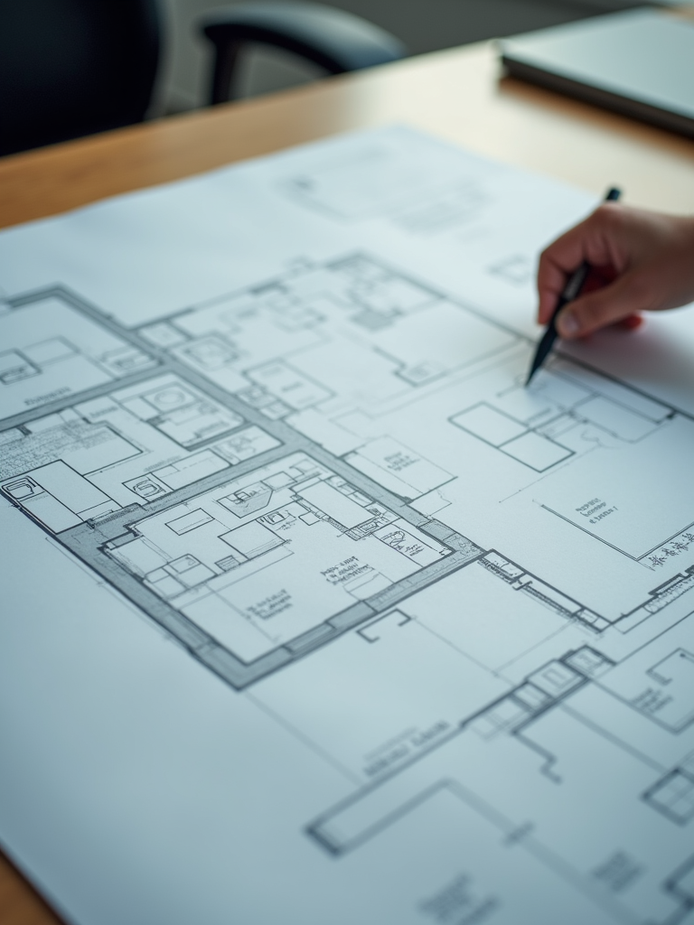 Medium-close-up shot of a modern office floor plan being reviewed by a professional, with
