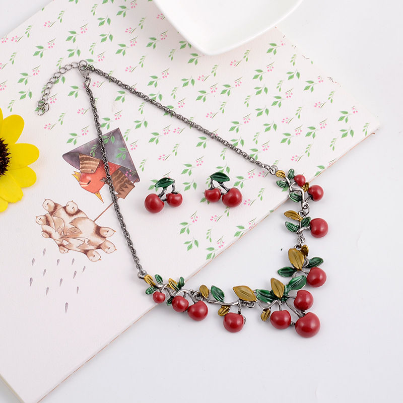 Thumbnail: Cherry Necklace and Earring Set for Elegant Dresses