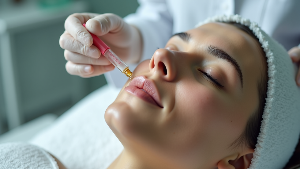 Eye-level view of a skincare professional applying a serum to a patient’s face in a clinical setting