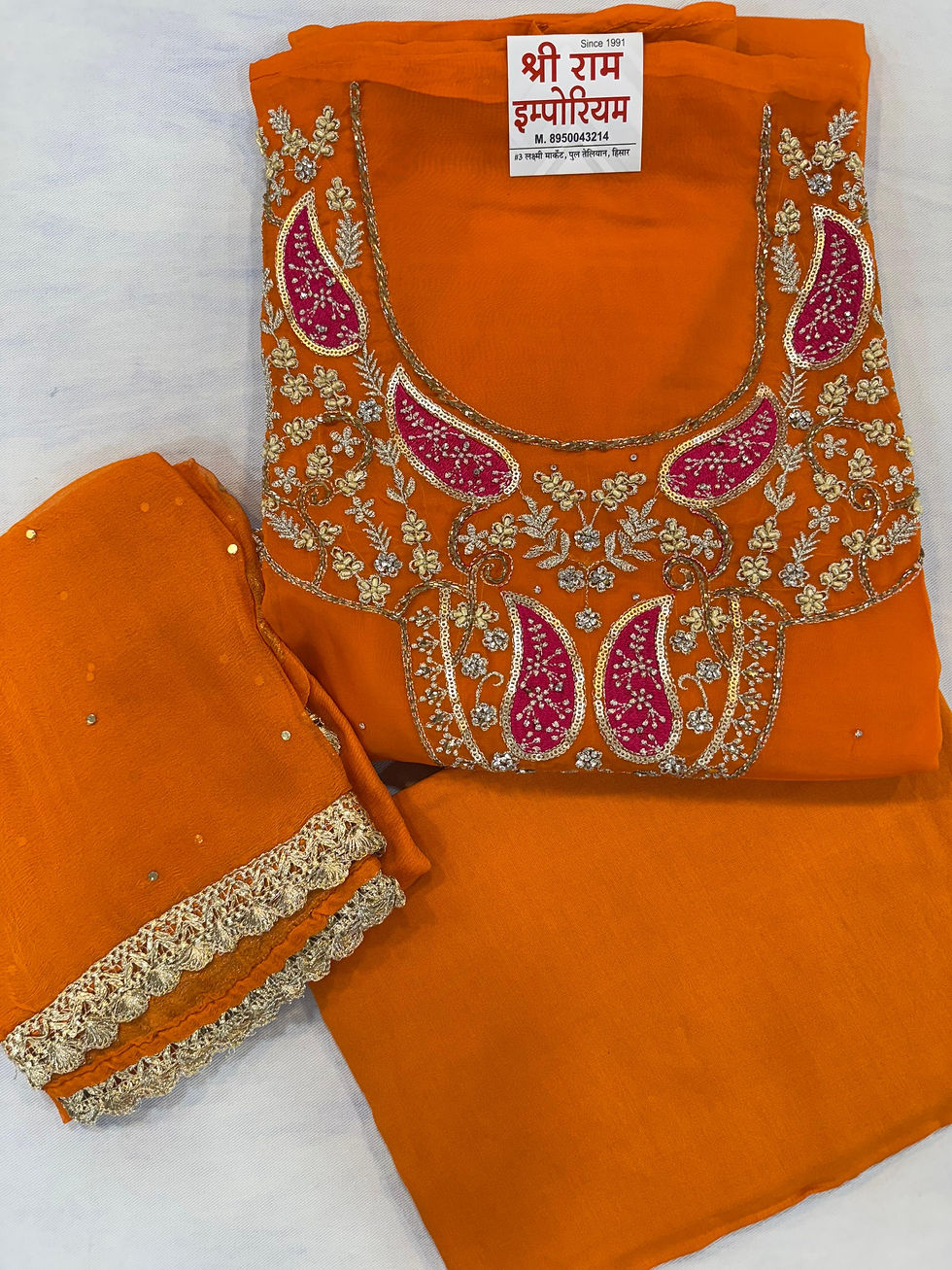 Thumbnail: Elegant Orange Embroidered Unstitched Suit Set
