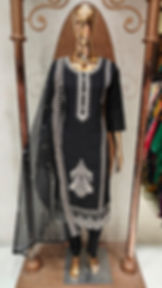 Black embroidered suit set with chiffon dupatta on mannequin