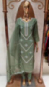 Sage Green Embroidered Cotton Suit Set on a mannequin