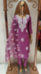 Plum purple floral embroidered cotton suit set on a mannequin