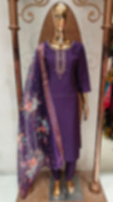 Deep purple embroidered suit set with floral dupatta